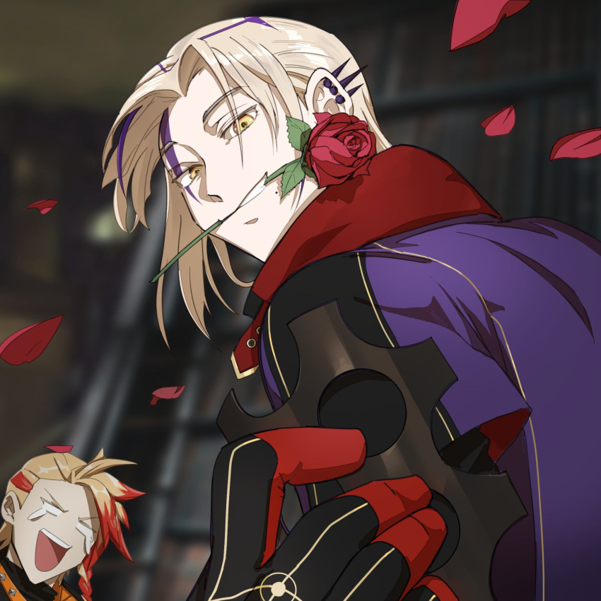 2boys :d axel_syrios black_gloves black_shirt blank_eyes blonde_hair blurry blurry_background braid collar commentary ear_piercing english_commentary facial_mark falling_petals flower flower_in_mouth gloves gokotan grin highres holostars holostars_english laughing looking_at_another looking_at_viewer looking_to_the_side magni_dezmond male_focus mole mole_under_mouth mouth_hold multicolored_hair multiple_boys official_art orange_collar parted_bangs petals piercing print_hair purple_hair red_flower red_rose redhead rose shirt short_hair side_braid smile streaked_hair tears teeth turtleneck upper_body upper_teeth_only v-shaped_eyebrows virtual_youtuber window yellow_eyes