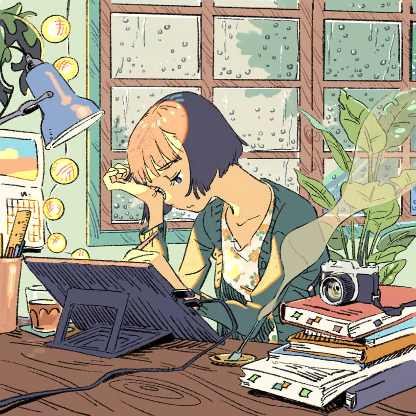 1girl arm_support blue_eyes book brown_hair calendar_(object) camera cup expressionless floral_print green_jacket highres holding holding_pencil indoors jacket kariya_(kry_aia) lamp original pencil plant rain ruler short_hair sitting solo table tablet_pc upper_body water_drop window