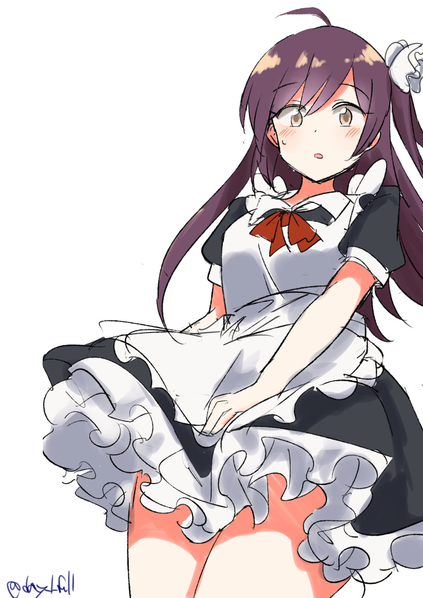 1girl absurdres ahoge alternate_costume apron black_dress blush brown_eyes dress enmaided frilled_apron frilled_dress frills hagikaze_(kancolle) highres kantai_collection long_hair maid maid_apron maid_headdress one_side_up puffy_short_sleeves puffy_sleeves purple_hair robinson_(day_l_full) short_sleeves solo twitter_username waist_apron white_apron wrist_cuffs