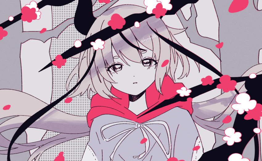 1girl arms_at_sides black_hair branch buglug_(vocaloid) commentary_request drawstring expressionless falling_petals floating_hair flower grey_hair grey_hoodie head_tilt highres hood hood_down hoodie horns kotoko0 limited_palette long_hair looking_at_viewer low_twintails meika_hime multicolored_hair parted_lips petals pink_flower pink_hood plum_blossoms short_eyebrows solo straight-on streaked_hair tied_drawstring tree twintails twitter_username upper_body very_long_hair vocaloid watermark white_flower
