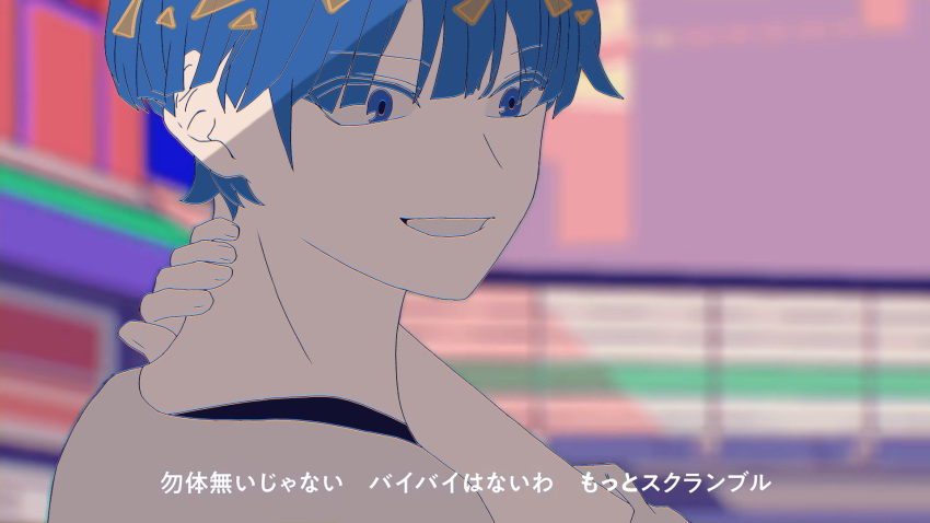 alternate_costume androgynous bad_source blue_eyes city_background derivative_work hand_on_own_neck highres houseki_no_kuni light_smile long_sleeves looking_at_viewer phosphophyllite phosphophyllite_(ll) screencap_redraw shirokuko shirt short_hair solo vocaloid white_shirt