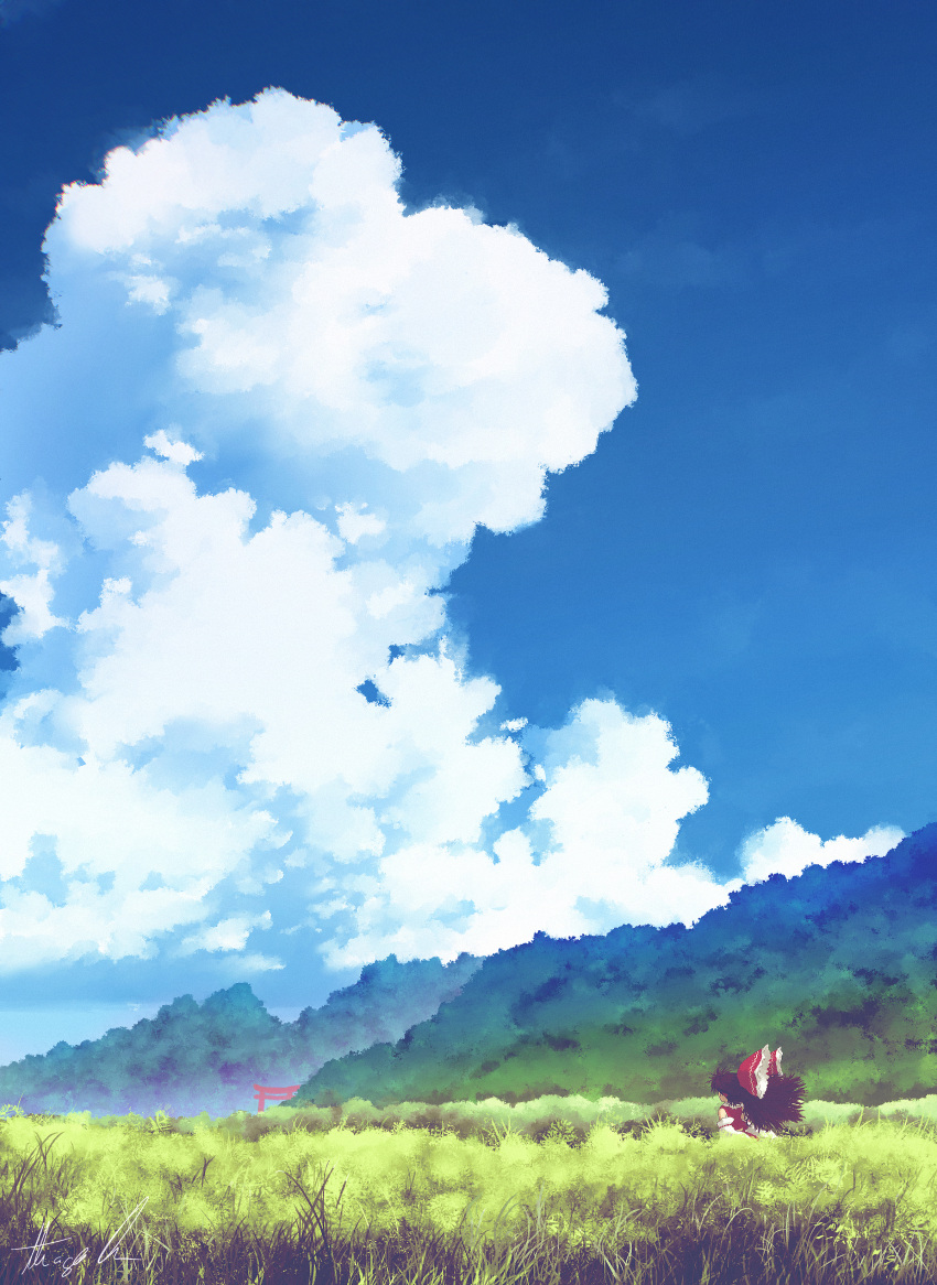 1girl absurdres bare_shoulders black_hair blue_sky bow clouds day detached_sleeves grass hair_bow hakurei_reimu highres japanese_clothes long_hair nontraditional_miko oubachiago outdoors red_bow scenery signature sky solo torii touhou white_sleeves wide_sleeves