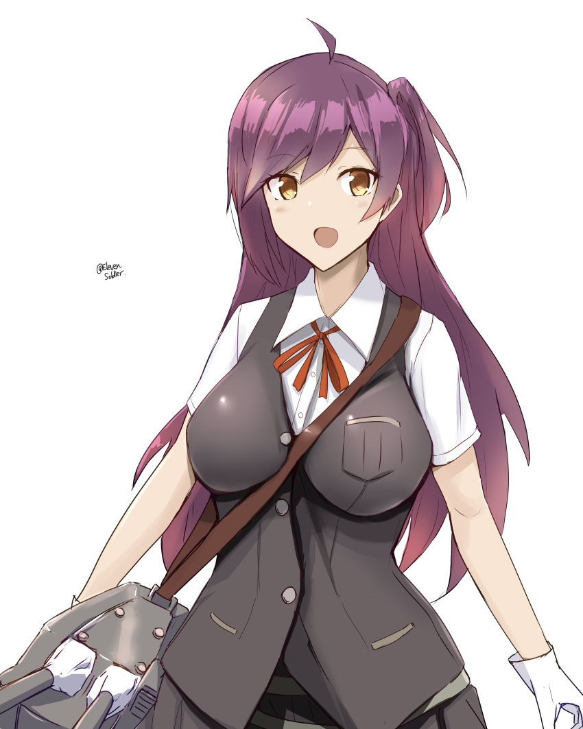 1girl absurdres adapted_turret asymmetrical_hair black_skirt black_vest blush brown_eyes gloves hagikaze_(kancolle) highres kantai_collection kerchief long_hair looking_at_viewer minoa_11touhei neck_ribbon one-hour_drawing_challenge one_side_up open_mouth pleated_skirt purple_hair red_ribbon ribbon school_uniform shirt short_sleeves skirt smile solo twitter_username vest white_gloves white_shirt