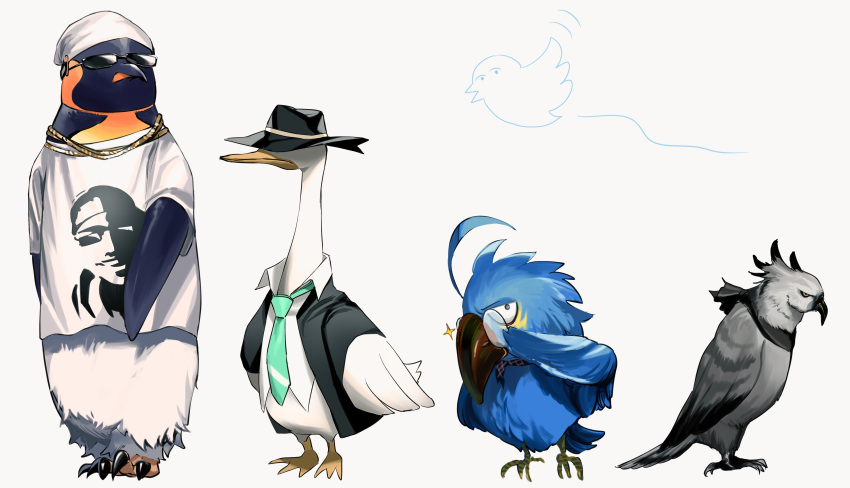 absurdres animal animal_focus aqua_necktie arknights beanie bird black_headwear black_jacket clothed_animal collared_shirt duck_lord_(arknights) grey_background hat high_priest_(arknights) highres jacket monocle necktie no_humans open_clothes open_jacket oxy_(ho2) penguin shirt short_sleeves simple_background sparkle sunglasses tenzin_(arknights) the_emperor_(arknights) tupac_shakur twitter_logo white_headwear white_shirt