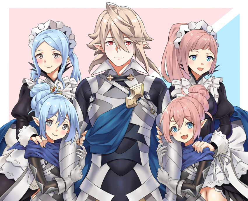 1boy 4girls absurdres alternate_hair_color armor blue_cape blue_eyes blue_hair blue_scarf cape corrin_(fire_emblem) corrin_(male)_(fire_emblem) dress fang father's_day father_and_daughter felicia_(fire_emblem) fire_emblem fire_emblem_fates flora_(fire_emblem) frilled_dress frills grabbing_another's_arm grey_hair hair_bun hand_on_another's_shoulder highres husband_and_wives igni_tion kana_(fire_emblem) light_blue_hair light_brown_hair long_hair maid maid_headdress mother_and_daughter multiple_girls open_mouth ponytail red_eyes scarf siblings skin_fang smile twins