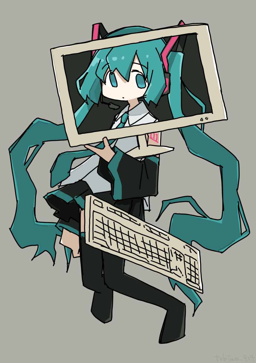 1girl absurdly_long_hair absurdres aqua_eyes aqua_hair aqua_necktie black_skirt black_sleeves black_thighhighs blue_eyes blue_hair detached_sleeves dot_mouth floating floating_hair full_body grey_background hair_ornament hatsune_miku headphones headset highres holding keyboard_(computer) long_hair looking_at_viewer monitor necktie no_pupils no_shoes number_tattoo pleated_skirt shirt sidelocks simple_background sketch skirt sleeveless sleeveless_shirt solo tattoo thigh-highs tokiwa_(914) twintails very_long_hair vocaloid white_shirt wide_sleeves