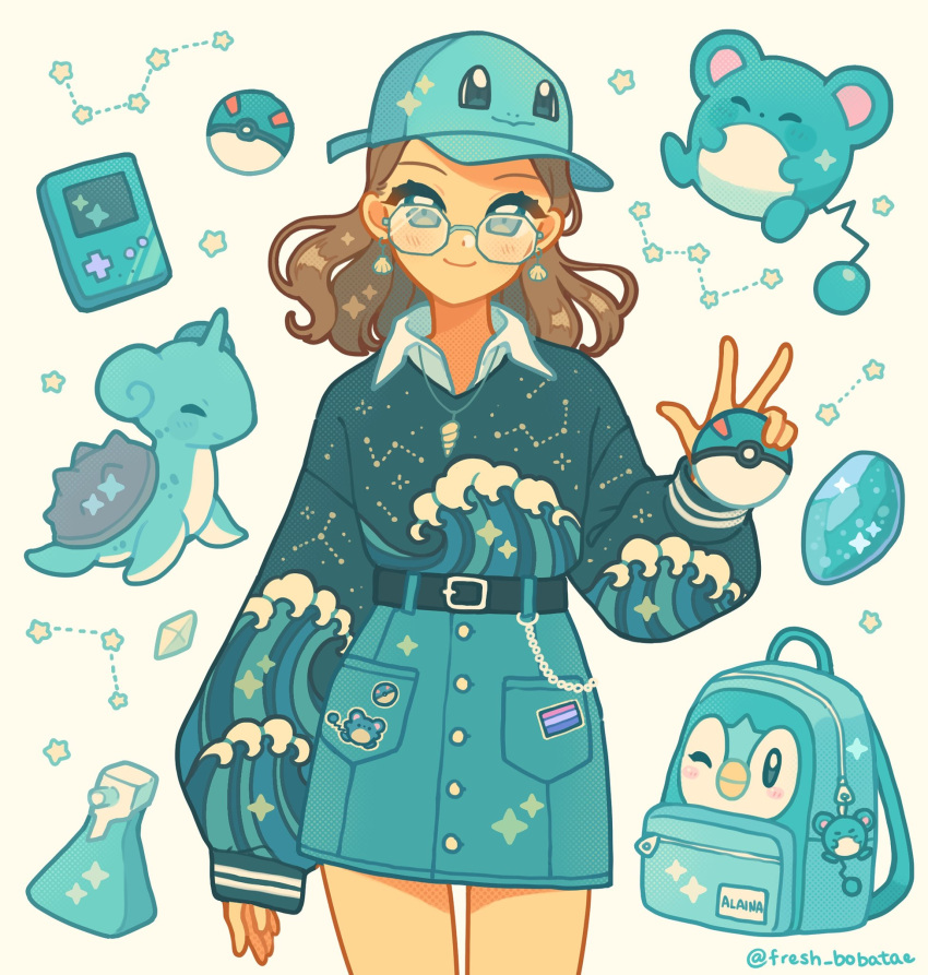 1girl backpack bag baseball_cap bird blue_skirt blue_sweater blush brown_hair character_name character_request closed_mouth collared_shirt commission constellation constellation_print cowboy_shot earrings emily_kim english_commentary game_boy glasses handheld_game_console hat highres holding holding_poke_ball jewelry long_hair long_sleeves looking_at_viewer mouse original penguin poke_ball pokemon puffy_sleeves seashell shell shirt skirt smile squirtle star_(symbol) sweater trinkets twitter_username v waves