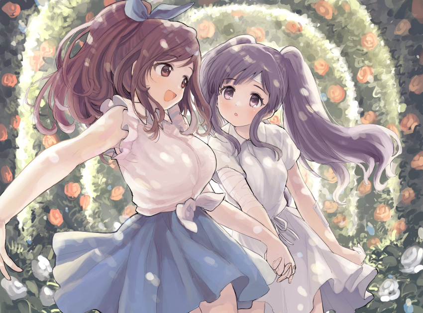 2girls :d amezawa_koma arch bandages bandaid bandaid_on_face blue_flower blue_ribbon blue_skirt blush bow breasts brown_eyes brown_hair dappled_sunlight day dot_nose dress floral_arch flower grey_hair hair_bow hair_ribbon highres holding_hands idolmaster idolmaster_shiny_colors interlocked_fingers large_breasts long_hair looking_at_another medium_breasts multiple_girls open_mouth outdoors parted_lips pink_flower ponytail reaching ribbon shirt short_sleeves sidelocks skirt smile sunlight swept_bangs tied_shirt tsukioka_kogane twintails violet_eyes waist_bow white_bow white_dress white_flower white_shirt yukoku_kiriko