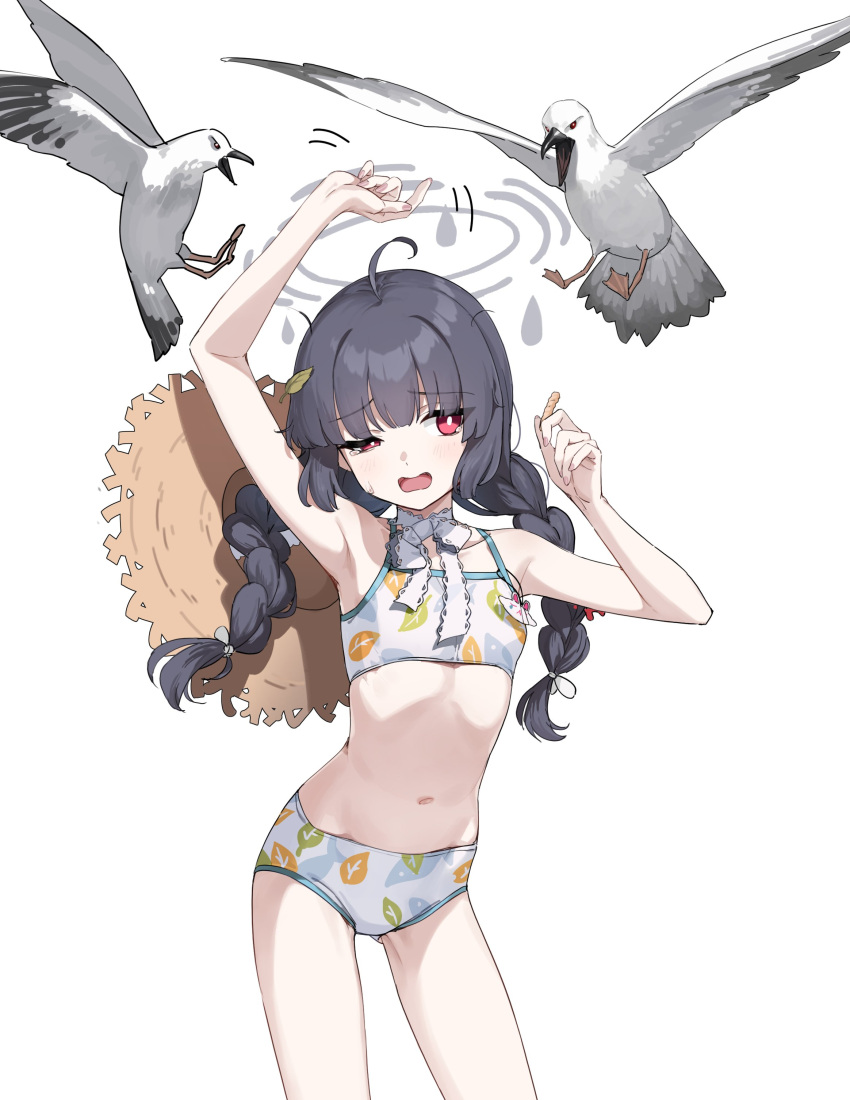 1girl absurdres ahoge animal armpits arms_up bare_shoulders bird black_hair blue_archive blush braid controlline3 cowboy_shot flat_chest grey_halo halo hat highres leaf leaf_on_head leaf_print long_hair miyu_(blue_archive) navel open_mouth print_swimsuit red_eyes ribbon seagull simple_background solo standing straw_hat struggling swimsuit tearing_up twin_braids white_background white_ribbon