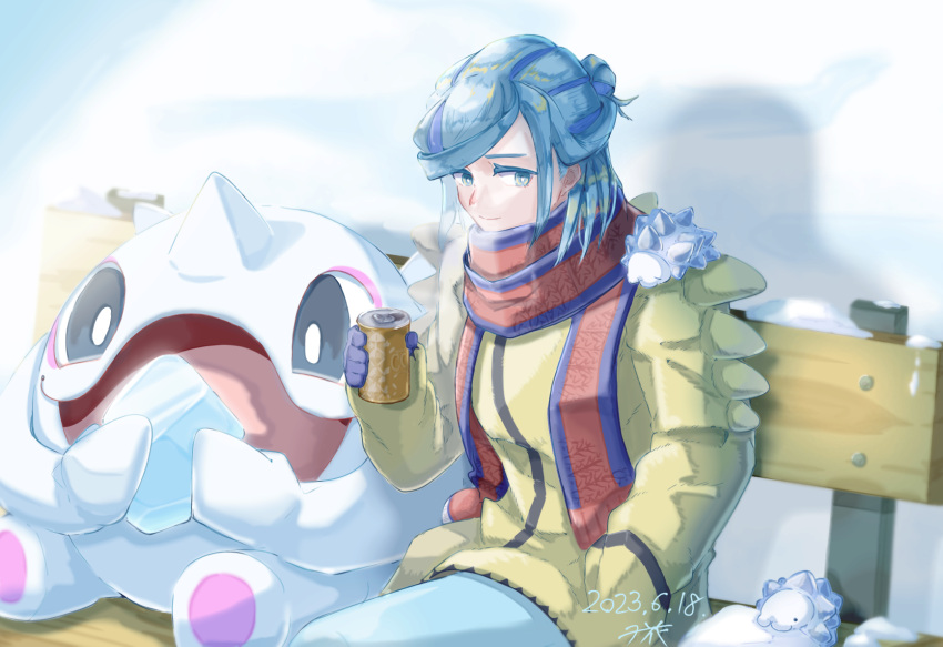 1boy bench blue_hair can cetoddle closed_mouth commentary_request dated hand_in_pocket highres holding holding_can jacket long_sleeves male_focus mittens on_shoulder outdoors pants pokemon pokemon_(creature) pokemon_(game) pokemon_on_shoulder pokemon_sv scarf sideways_glance sitting smile snom snow striped striped_scarf wohana_(scrap_suikyo) yellow_jacket