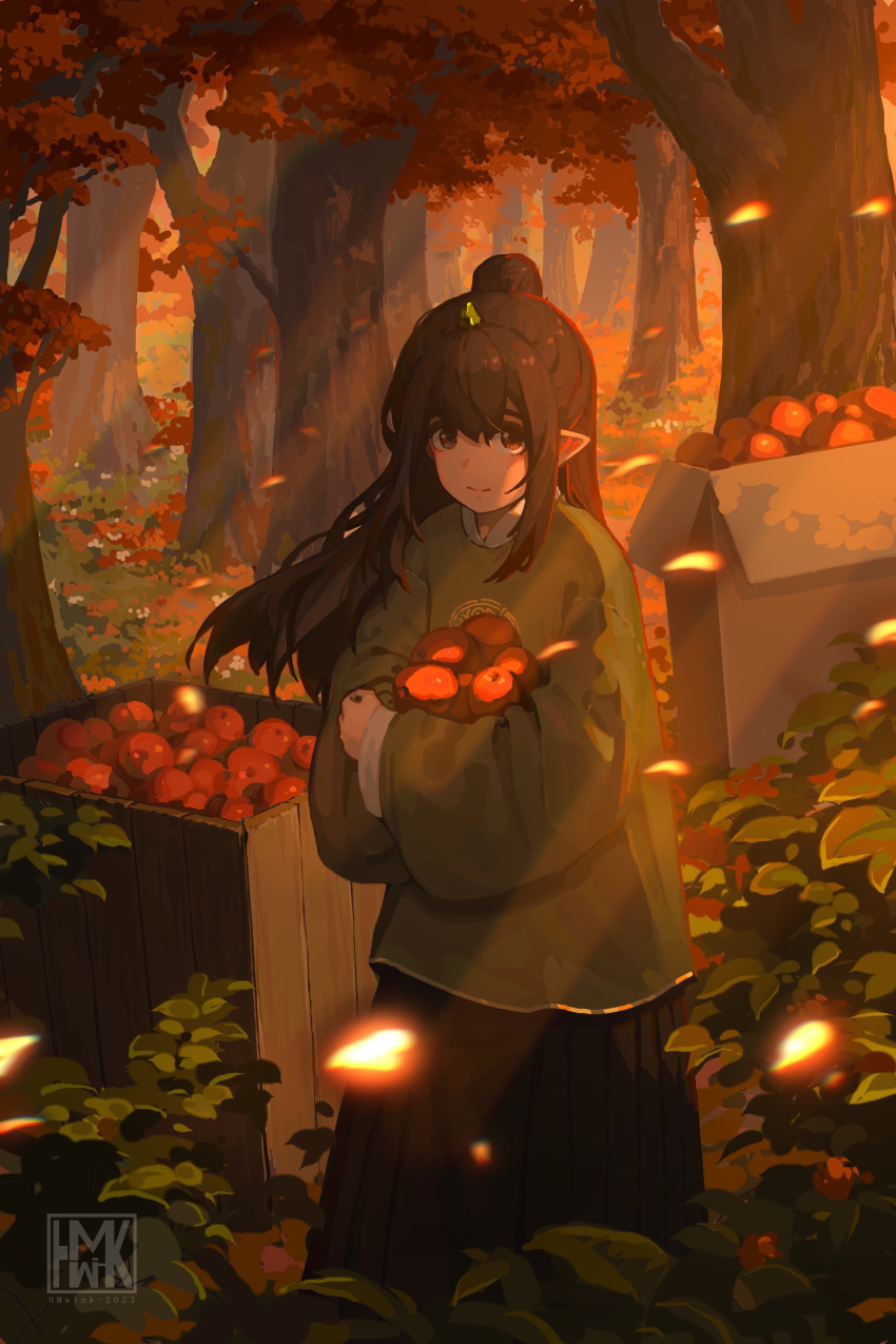 1girl absurdres apple autumn autumn_leaves brown_eyes brown_hair chinese_clothes elf food forest fruit hanfu highres holding holding_food hua_ming_wink long_hair looking_at_viewer nature original pointy_ears ponytail scenery solo