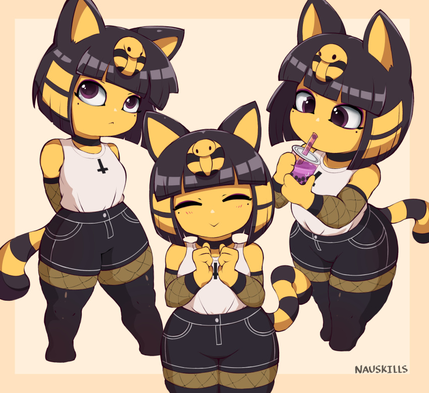 1girl alternate_hair_color animal_crossing animal_ears ankha_(animal_crossing) artist_name black_hair black_shorts black_thighhighs bubble_tea closed_eyes commentary cross cup drink drinking_straw english_commentary fishnet_pantyhose fishnet_sleeves fishnets highres holding holding_cup inverted_cross multiple_views nauskills pantyhose shirt short_shorts shorts simple_background sleeveless socks_over_fishnets tail thigh-highs watermark white_shirt