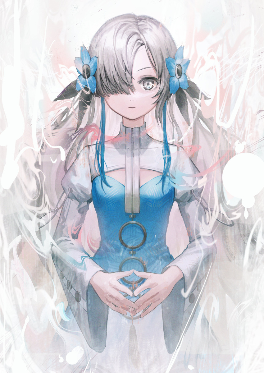 1girl absurdres blue_dress blue_flower blue_hair dress enn400 expressionless flower grey_eyes grey_hair hair_flower hair_ornament hair_over_one_eye highres isekai_joucho kamitsubaki_studio long_hair looking_at_viewer multicolored_hair own_hands_together sketch solo straight-on two-tone_dress two-tone_hair upper_body virtual_youtuber white_dress