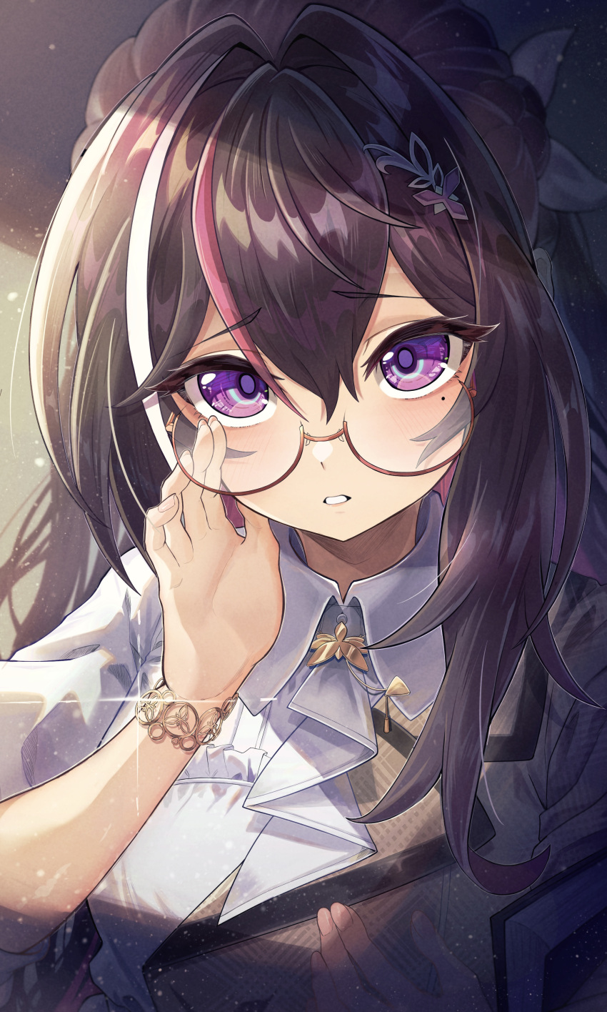 1girl absurdres adjusting_eyewear ascot azki_(4th_costume)_(hololive) azki_(hololive) black_hair bracelet brown_jacket collared_dress colored_inner_hair double-parted_bangs dress furrowed_brow glasses hair_between_eyes hair_ornament hairclip half_updo highres hololive jacket jewelry looking_at_viewer mole mole_under_eye multicolored_hair official_alternate_costume parted_lips pink_hair semi-rimless_eyewear sleeves_past_elbows solo touji_(tozi526) upper_body violet_eyes virtual_youtuber white_ascot white_dress