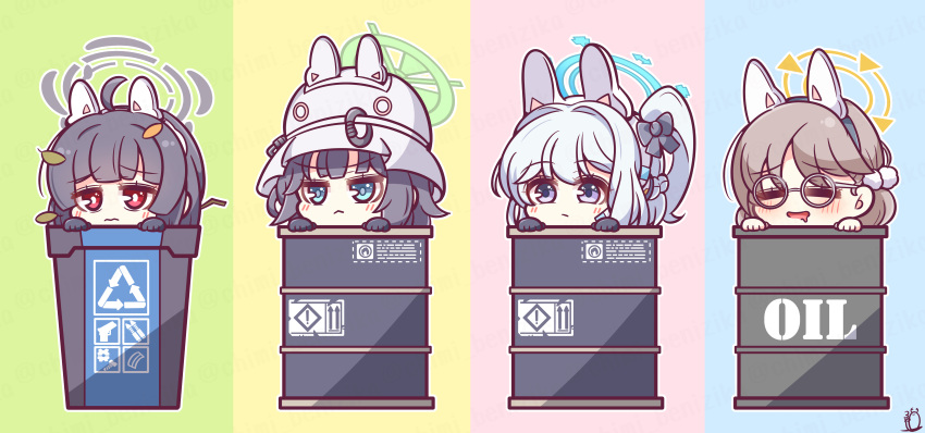 4girls absurdres ahoge animal_ears arrow_(symbol) benizika black_hair blue_archive blue_eyes blush bow brown_hair chibi closed_eyes closed_mouth combat_helmet commentary_request drum_(container) fake_animal_ears glasses gloves grey_hair hair_between_eyes hair_ornament hair_ribbon hairband halo hat helmet highres in_container in_trash_can leaf leaf_on_head light_brown_hair long_hair looking_at_viewer miyako_(blue_archive) miyu_(blue_archive) moe_(blue_archive) multiple_girls one_side_up parted_lips rabbit_ears recycle_bin recycling_symbol ribbon saki_(blue_archive) short_hair simple_background trash_can violet_eyes white_hair white_helmet