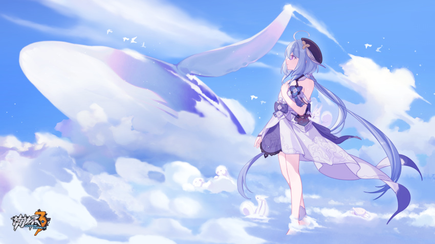1girl ahoge animal bare_legs bare_shoulders barefoot beret bird black_headwear blue_sky breasts chinese_commentary clouds cloudy_sky day dress griseo hat highres honkai_(series) honkai_impact_3rd logo official_art official_wallpaper sky small_breasts solo whale white_dress