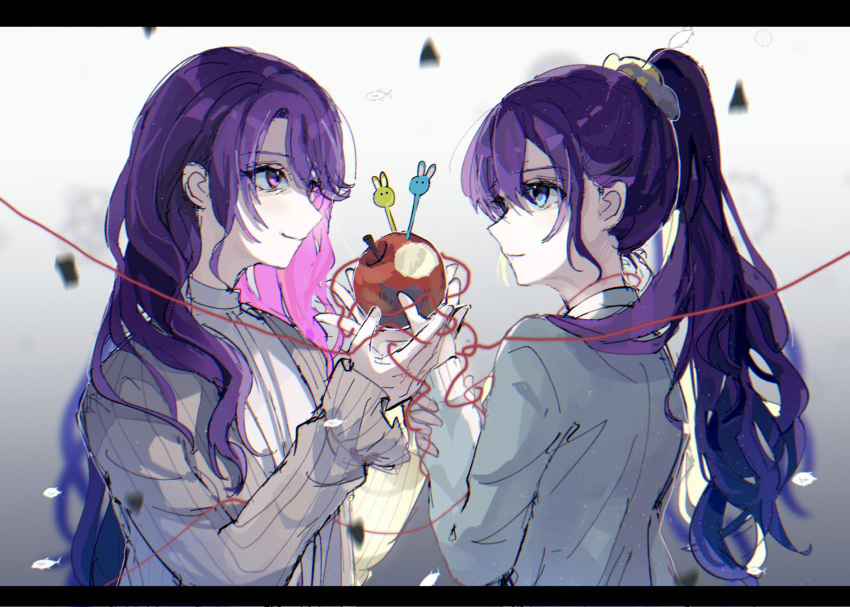 2girls apple asahina_mafuyu asahina_mafuyu's_mother blue_eyes curly_hair food fruit hands_up highres holding holding_food holding_fruit linch long_hair long_sleeves looking_at_another mother_and_daughter multiple_girls ponytail project_sekai purple_hair rabbit shade simple_background smile string string_of_fate sweater violet_eyes