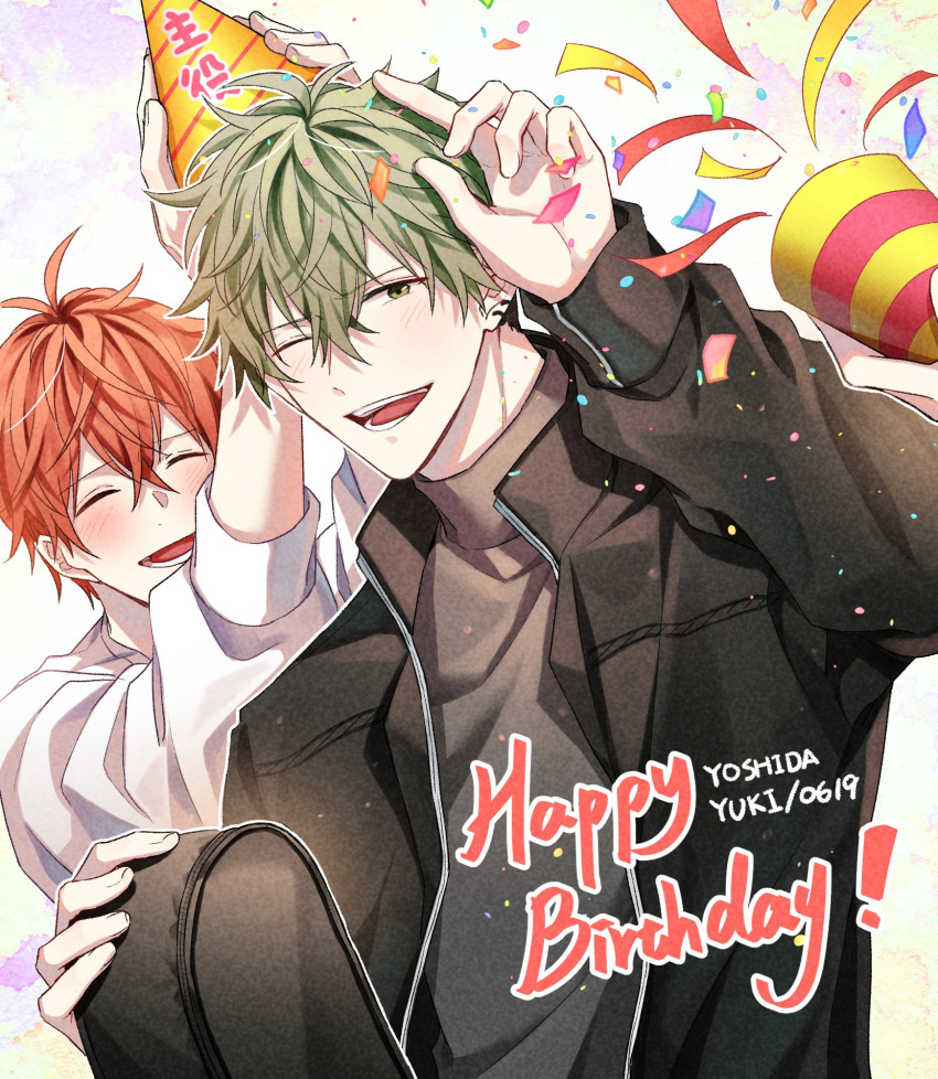 2boys black_jacket blush character_name closed_eyes confetti ear_piercing given guitar_case hand_on_another's_hat hand_up happy_birthday hat highres instrument_case jacket light_green_hair long_sleeves looking_at_viewer male_focus multiple_boys multiple_piercings one_eye_closed open_clothes open_jacket open_mouth orange_hair party_hat party_popper piercing pinoli_(pinoli66) satou_mafuyu smile sweater turtleneck upper_body white_background white_sweater yellow_headwear yoshida_yuki_(given)