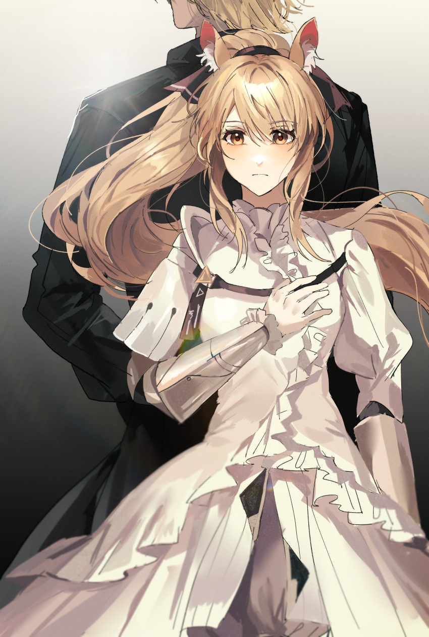 1boy 1girl absurdres aehobakjeon animal_ears arknights back-to-back black_coat black_ribbon blonde_hair closed_mouth coat cowboy_shot dress facing_away frilled_dress frills gradient_background grey_background hair_between_eyes hair_ribbon hand_in_pocket hand_on_own_chest head_out_of_frame highres horse_ears horse_girl long_hair long_sleeves looking_at_viewer mlynar_(arknights) nearl_(arknights) ponytail ribbon serious short_hair standing straight-on uncle_and_niece vambraces white_background white_dress yellow_eyes