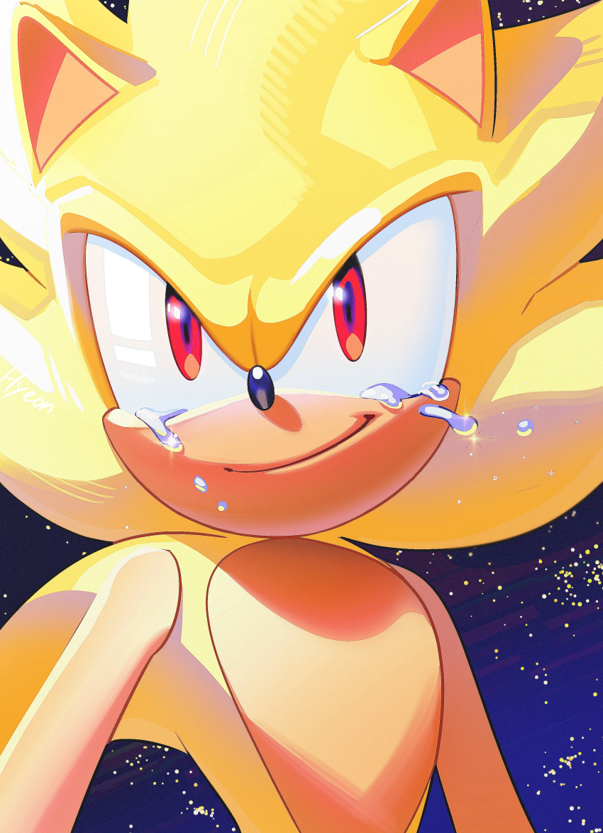 1boy absurdres animal_ears animal_nose commentary furry furry_male glowing happy_tears hedgehog hedgehog_ears highres hyeon_sonic red_eyes smirk solo sonic_(series) sonic_the_hedgehog space sparkle star_(sky) super_sonic tears upper_body yellow_fur