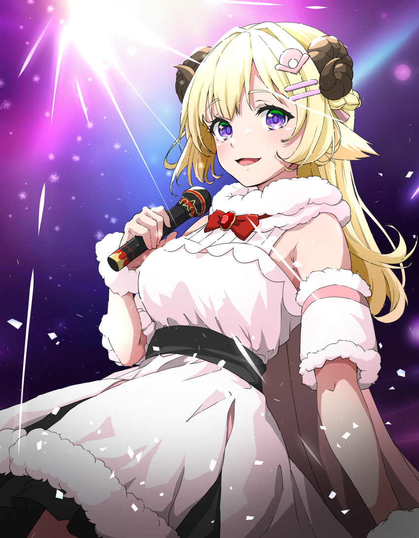 1girl absurdres animal_ears arms_at_sides bare_shoulders black_skirt blonde_hair bracer braid breasts detached_sleeves dress empire_waist fur-trimmed_dress fur-trimmed_sleeves fur_trim hair_ornament hairclip half_updo highres holding holding_microphone hololive horns isakoro_(hx9cj) large_breasts long_hair looking_at_viewer microphone miniskirt music open_mouth sheep_ears sheep_girl sheep_horns short_dress singing skirt skirt_under_dress sleeveless sleeveless_dress solo tsunomaki_watame tsunomaki_watame_(1st_costume) underbust violet_eyes virtual_youtuber white_dress