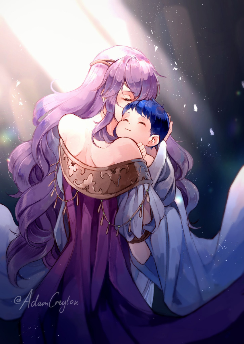 1boy 1girl aged_down artist_name bare_shoulders blue_hair circlet closed_mouth creyton deirdre_(fire_emblem) dress fire_emblem fire_emblem:_genealogy_of_the_holy_war highres holding_baby long_hair mother's_day mother_and_son purple_dress purple_hair seliph_(fire_emblem) smile very_long_hair