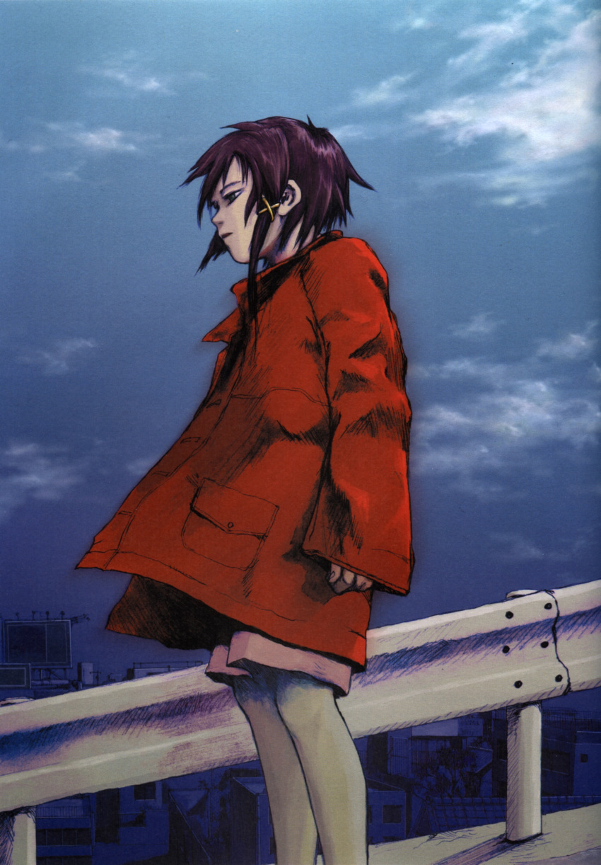 abe_yoshitoshi absurdres brown_hair green_eyes guard_rail hair_ornament hairclip highres iwakura_lain official_art scan serial_experiments_lain solo