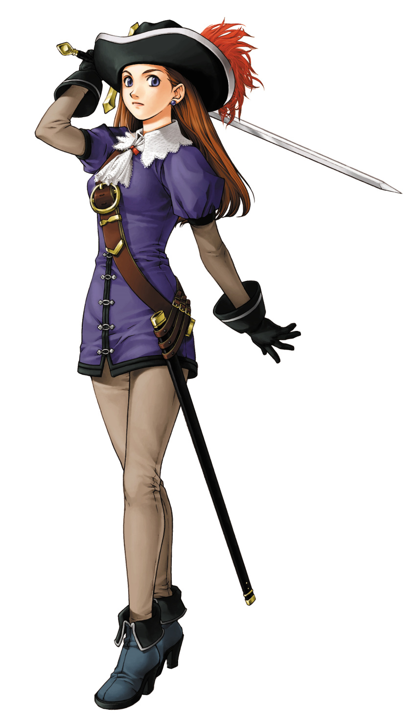 1girl ankle_boots arm_up ascot blue_eyes brown_hair closed_mouth dress earrings fantasy female full_body gensou_suikoden gensou_suikoden_iii gloves hat high_heels highres holding holding_sword holding_weapon ishikawa_fumi jewelry lace lilly_pendragon long_hair official_art pirate pirate_hat sheath shoes short_dress simple_background solo standing suikoden suikoden_iii sword weapon white_background
