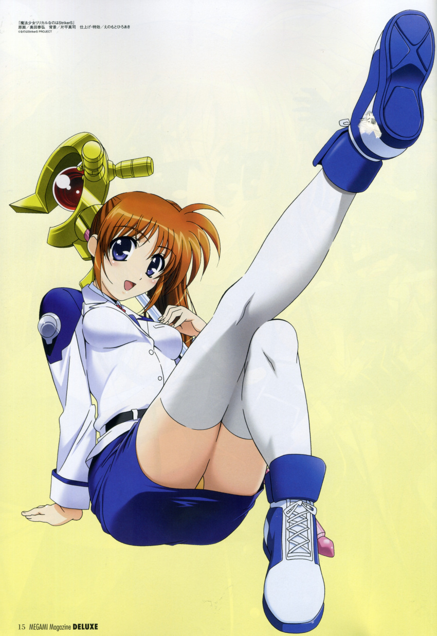 blue_eyes brown_hair mahou_shoujo_lyrical_nanoha mahou_shoujo_lyrical_nanoha_strikers okuda_yasuhiro open_mouth panties raising_heart solo takamachi_nanoha thigh-highs uniform