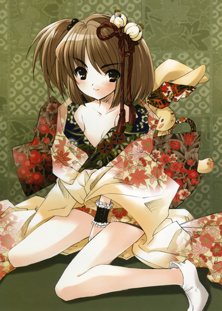 brown_hair cleavage ito_noizi japanese_clothes kimono short_hair short_kimono