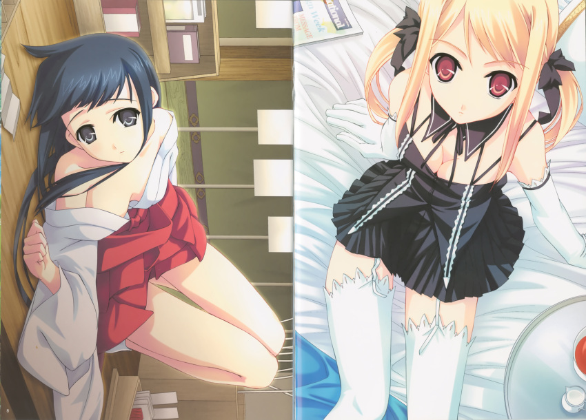 black_hair blonde_hair cleavage dress gothic miko murakami_suigun silvery_white thigh-highs twintails