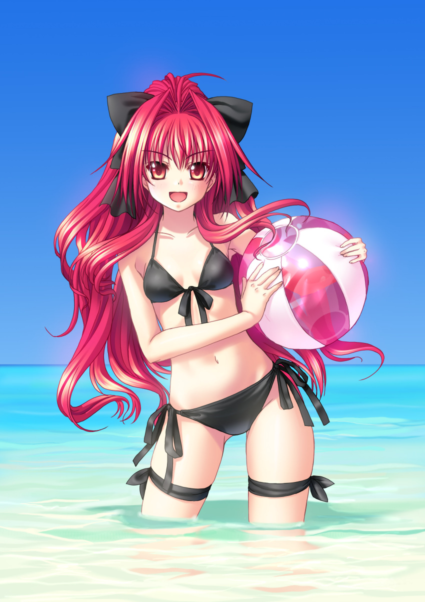 :d absurdres ahoge armpits ball bangs beach beachball bikini black_bikini bow corticarte_apa_lagranges flat_chest front-tie_top gradient_eyes hair_bow hair_intakes highres holding kannatsuki_noboru leaning long_hair looking_at_viewer multicolored_eyes navel ocean official_art open_mouth outdoors payot ponytail red_eyes red_hair reflection ribbon scan shinkyoku_soukai_polyphonica side-tie_bikini sky smile solo standing swimsuit swimsuit thigh_ribbon transparent very_long_hair wading water wavy_hair