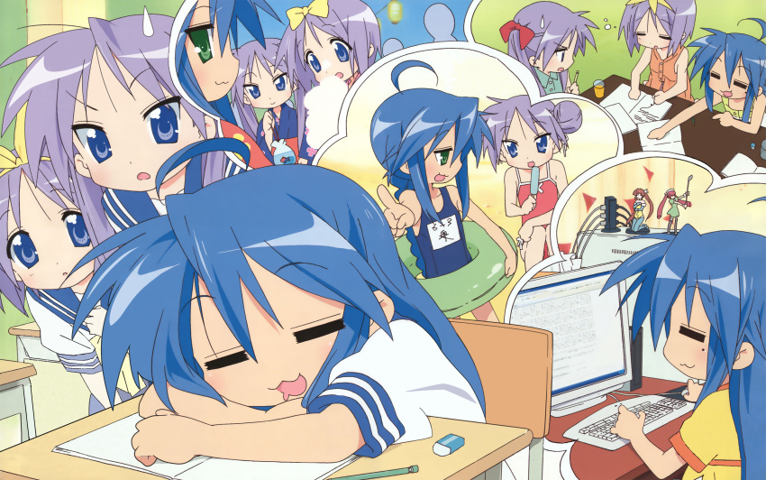 detexted hiiragi_kagami hiiragi_tsukasa horiguchi_yukiko izumi_konata lucky_star school_swimsuit seifuku swimsuit