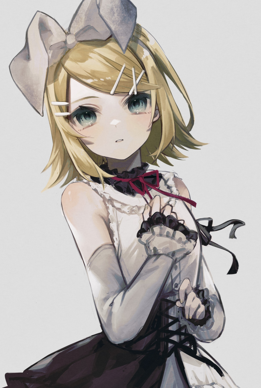 1girl 25-ji_rin absurdres bare_shoulders blonde_hair blue_eyes bow bow_hairband detached_sleeves dress grey_background grey_bow hair_bow hair_ornament hairband hairclip hand_on_own_chest highres kagamine_rin looking_at_viewer neck_ribbon nuko_0108 parted_lips project_sekai red_ribbon ribbon short_hair sleeveless sleeveless_dress sleeves_past_wrists solo swept_bangs upper_body vocaloid white_background white_bow white_hairband white_sleeves