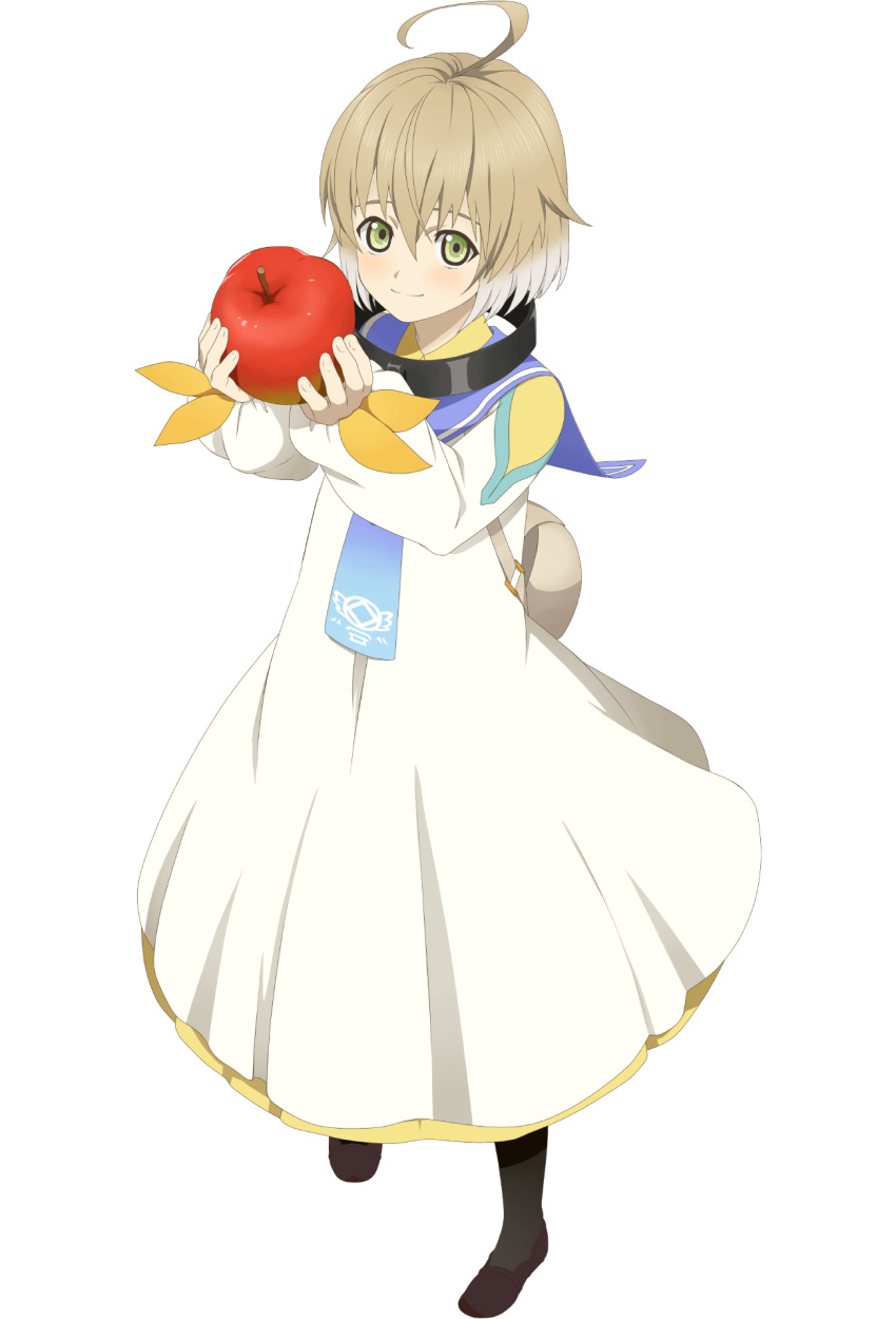 1boy ahoge apple blonde_hair english_commentary fingernails food fruit full_body hair_between_eyes highres holding holding_food holding_fruit laphicet_(tales) male_child male_focus official_art red_apple sailor_collar shoes smile solo tales_of_(series) tales_of_asteria tales_of_berseria transparent_background