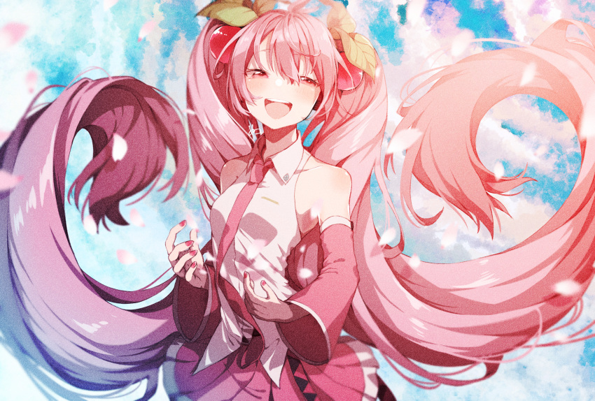 1girl absurdly_long_hair bare_shoulders belt blue_sky blurry blurry_foreground blush breasts cherry_blossoms cherry_hair_ornament clouds cloudy_sky day detached_sleeves falling_petals food-themed_hair_ornament hair_ornament half-closed_eyes hatsune_miku headphones highres leaf leaf_hair_ornament long_hair looking_at_viewer nail_polish necktie nuko_0108 open_mouth outdoors petals pink_hair pink_nails pink_necktie pink_skirt pink_sleeves sakura_miku shirt sidelighting signature skirt sky sleeveless sleeveless_shirt small_breasts smile solo twintails upper_body very_long_hair vocaloid white_shirt