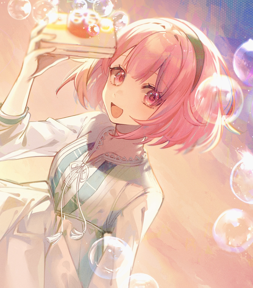 +_+ 1girl :d blush box bubble collarbone cropped dress dutch_angle hair_between_eyes hand_up highres holding holding_box long_sleeves looking_at_viewer neck_ribbon nuko_0108 ootori_emu open_mouth pink_hair project_sekai raised_eyebrows ribbon short_hair sidelocks smile solo upper_body white_dress white_ribbon