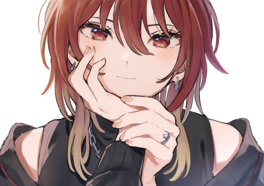 1girl aketa_mikoto black_jacket blush brown_hair chain_necklace commentary earrings fingernails glint gradient_hair hair_between_eyes hand_on_own_cheek hand_on_own_face head_rest highres idolmaster idolmaster_shiny_colors jacket jacket_partially_removed jewelry light_brown_hair light_smile looking_at_viewer multicolored_hair nail_polish necklace po_(moudameda17) ring simple_background solo upper_body wedding_ring white_background