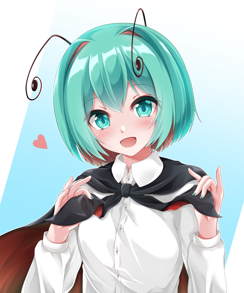 1girl absurdres antennae black_cape blue_background blush breasts brown_cape brown_hair buttons cape cape_tug collared_shirt colored_inner_hair commentary_request fingernails gradient_background green_eyes green_hair green_nails hair_intakes heart highres long_sleeves looking_at_viewer medium_bangs muki_(munikichan) multicolored_hair open_mouth shirt short_hair small_breasts smile solo touhou two-sided_cape two-sided_fabric upper_body white_background white_shirt wriggle_day wriggle_nightbug