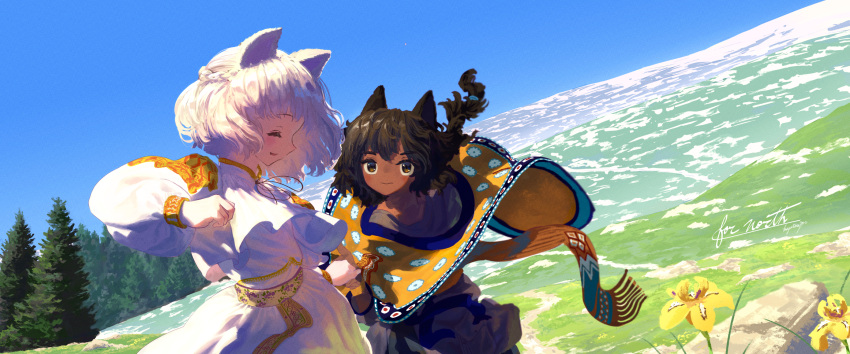 2girls animal_ears black_hair blue_sky blush brown_eyes capelet cat_ears cat_girl clear_sky closed_eyes commentary_request dark-skinned_female dark_skin dress facing_away floating_clothes flower from_side highres holding_hands kajatony landscape looking_at_another mountain multiple_girls nature open_mouth orange_scarf original outdoors partial_commentary rock scarf scenery shirt short_hair sidelocks signature sky smile tree upper_body white_dress white_hair white_shirt wind yellow_capelet yellow_flower