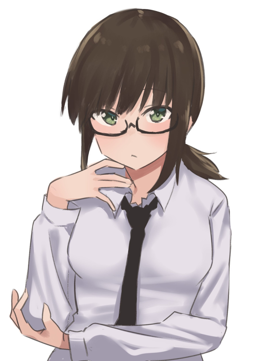 1girl absurdres alternate_costume bespectacled black_hair black_necktie collared_shirt dress_shirt fubuki_(kancolle) glasses green_eyes highres kantai_collection lanthan long_sleeves looking_at_viewer medium_hair necktie one-hour_drawing_challenge ponytail shirt sidelocks simple_background solo upper_body white_background white_shirt