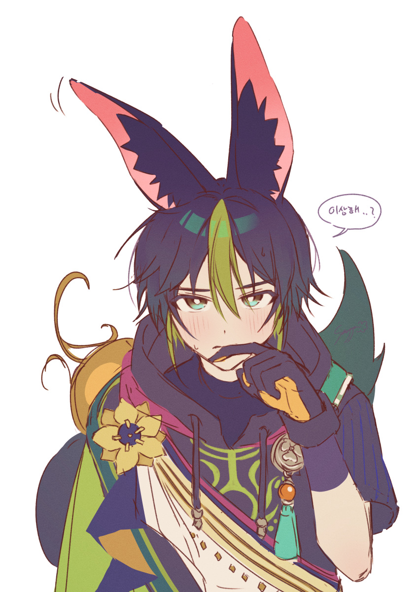 1boy absurdres animal_ear_fluff animal_ears black_hair blush closed_mouth flower fox_boy fox_ears fox_tail genshin_impact gloves green_hair hair_between_eyes highres ice_s_s_z korean_text looking_at_viewer male_focus medal multicolored_hair simple_background speech_bubble tail tassel tighnari_(genshin_impact) translation_request upper_body white_background yellow_flower