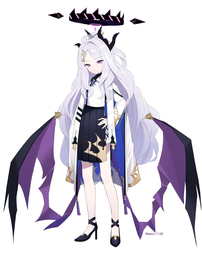 1girl ahoge alternate_costume beko_(beco_1122) black_footwear black_skirt blue_archive chinese_clothes coat commentary_request demon_girl demon_horns demon_wings forehead full_body hair_ornament hairclip halo hand_on_own_hip high_heels highres hina_(blue_archive) horns long_hair long_sleeves looking_at_viewer parted_bangs pleated_skirt ponytail side_slit sidelocks simple_background skirt solo standing twitter_username violet_eyes white_background white_coat white_hair wings