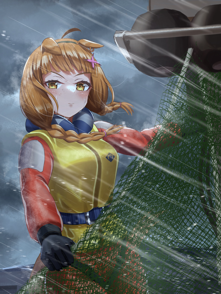 1girl absurdres ahoge black_gloves black_hairband blush braid brown_hair character_request commission fishing_net freckles fusou_(fuso0205) gloves hair_ornament hairband highres holding jacket life_vest looking_at_viewer low_twintails medium_hair rain red_jacket solo twin_braids twintails umamusume vest yellow_eyes yellow_vest