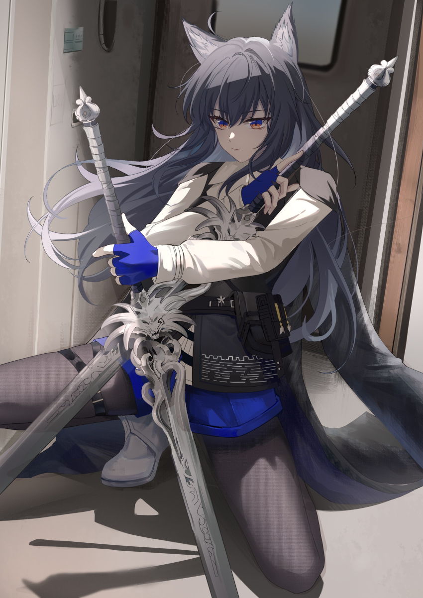 1girl absurdres animal_ear_fluff animal_ears arknights black_hair black_pantyhose black_vest blue_eyes blue_gloves blue_shorts closed_mouth collared_shirt commentary_request fingerless_gloves gloves hair_between_eyes highres holding holding_sword holding_weapon indoors long_hair long_sleeves pantyhose pantyhose_under_shorts shirt shoes short_shorts shorts solo squatting sword texas_(arknights) texas_the_omertosa_(arknights) very_long_hair vest weapon white_footwear white_shirt xuan_xuan_xuan_za