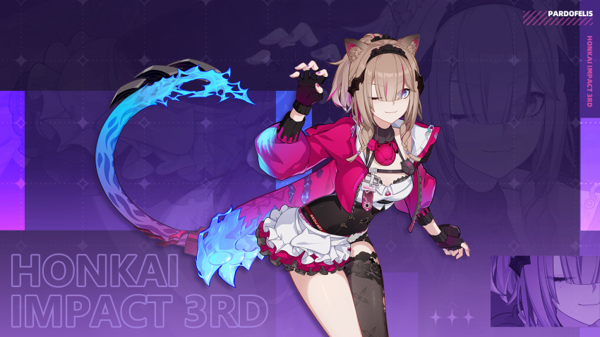 1girl animal_ear_fluff animal_ears black_gloves black_thighhighs blue_eyes braid cat_ears cat_girl cat_tail character_name chinese_commentary fingerless_gloves gloves high_ponytail highres honkai_(series) honkai_impact_3rd jacket logo looking_at_viewer medium_hair nail official_alternate_costume official_art official_wallpaper one_eye_closed open_hands pardofelis_(honkai_impact) pink_jacket pink_sleeves purple_background single_bare_leg single_thighhigh skirt smile solo tail thigh-highs upper_body white_skirt