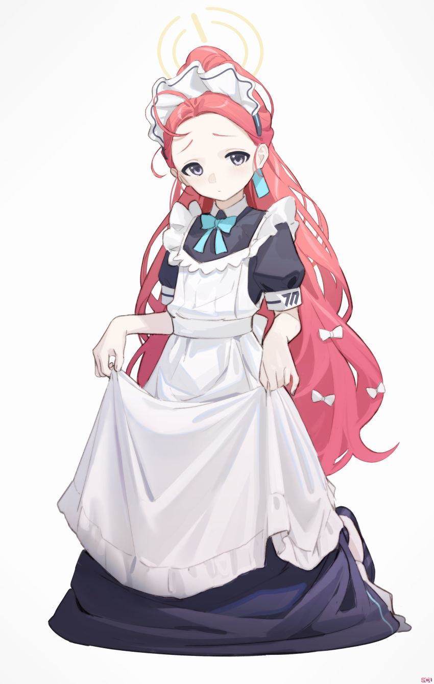 1girl absurdres apron apron_hold black_dress blue_archive blush bow closed_mouth dress forehead grey_background hair_bow halo highres kneeling long_hair looking_at_viewer maid maid_headdress redhead short_sleeves simple_background solo songchuan_li very_long_hair violet_eyes white_apron yuzu_(blue_archive) yuzu_(maid)_(blue_archive)