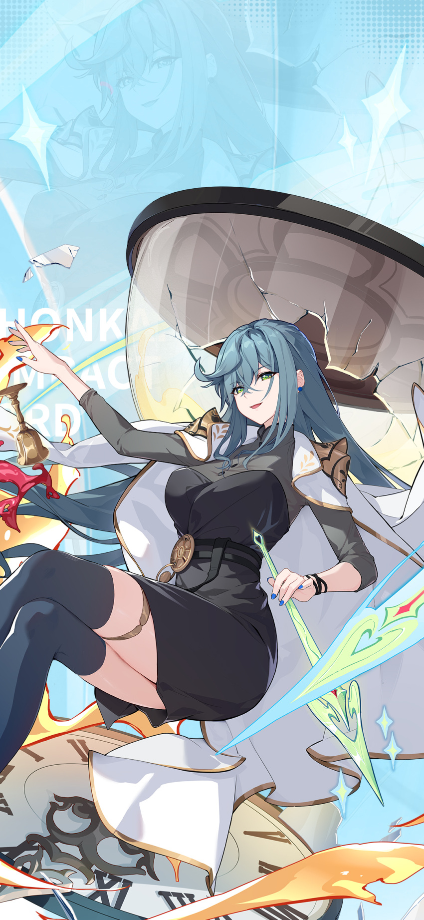 1girl black_skirt blue_nails breasts buttons chinese_commentary clock coat coat_on_shoulders crossed_legs cup earrings genderswap genderswap_(mtf) green_eyes hair_between_eyes highres honkai_(series) honkai_impact_3rd jewelry large_breasts leggings long_hair long_sleeves nail_polish official_art official_wallpaper open_hand open_mouth roman_numeral skirt solo star_(symbol) thigh_strap white_coat zeno_(honkai_impact)
