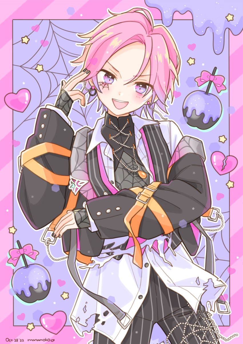 1boy apple blush border bow broken_heart ensemble_stars! food fruit happypuppy_guu heart highres long_sleeves looking_at_viewer male_focus official_alternate_costume open_mouth oukawa_kohaku pink_border pink_bow pink_hair purple_background smile solo spider_(ensemble_stars!) star_(symbol) striped_border violet_eyes