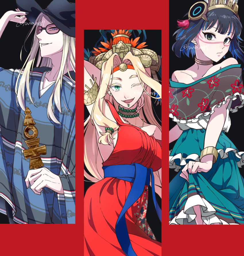 1boy 2girls aztec black_nails chin_piercing colored_inner_hair fate/grand_order fate_(series) grey_eyes highres huna_nr jewelry mexican_dress mexico multicolored_hair multiple_girls neck_ring orange-tinted_eyewear poncho quetzalcoatl_(fate) sunglasses tenochtitlan_(fate) tezcatlipoca_(fate) tinted_eyewear traditional_clothes